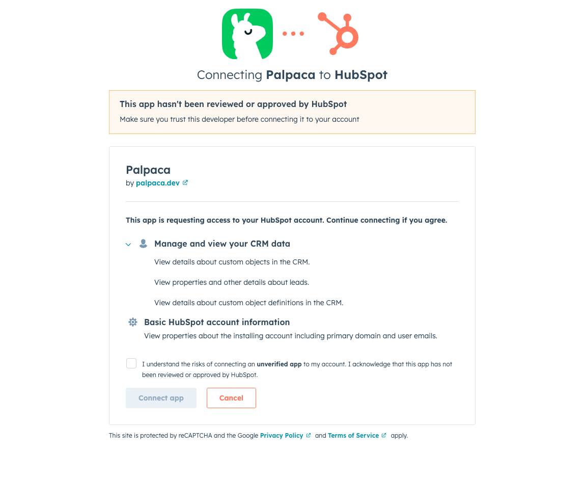 HubSpot OAuth consent screen requesting access to your developer account
