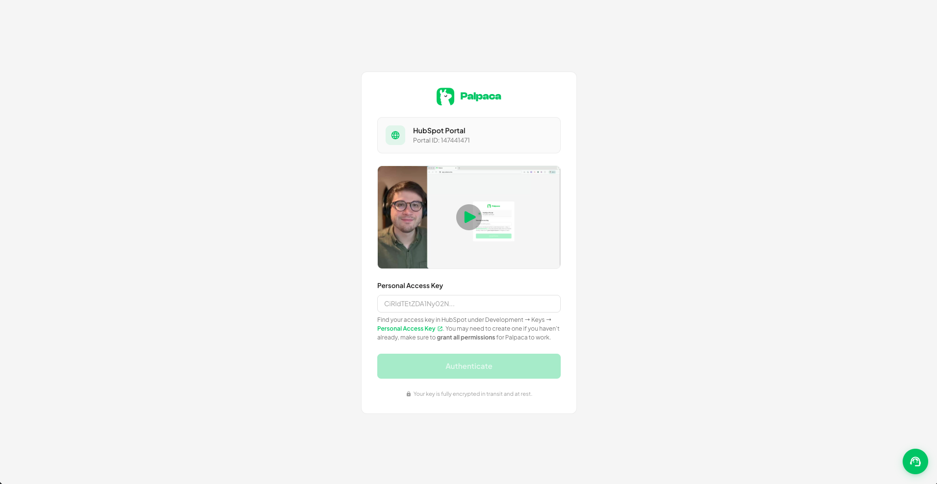 Palpaca wizard prompting for your HubSpot Personal Access Key