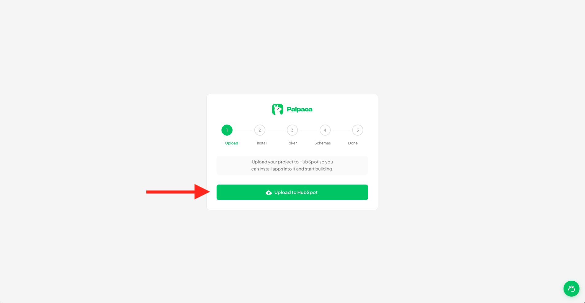 Palpaca setup wizard — click Upload to HubSpot to deploy your project