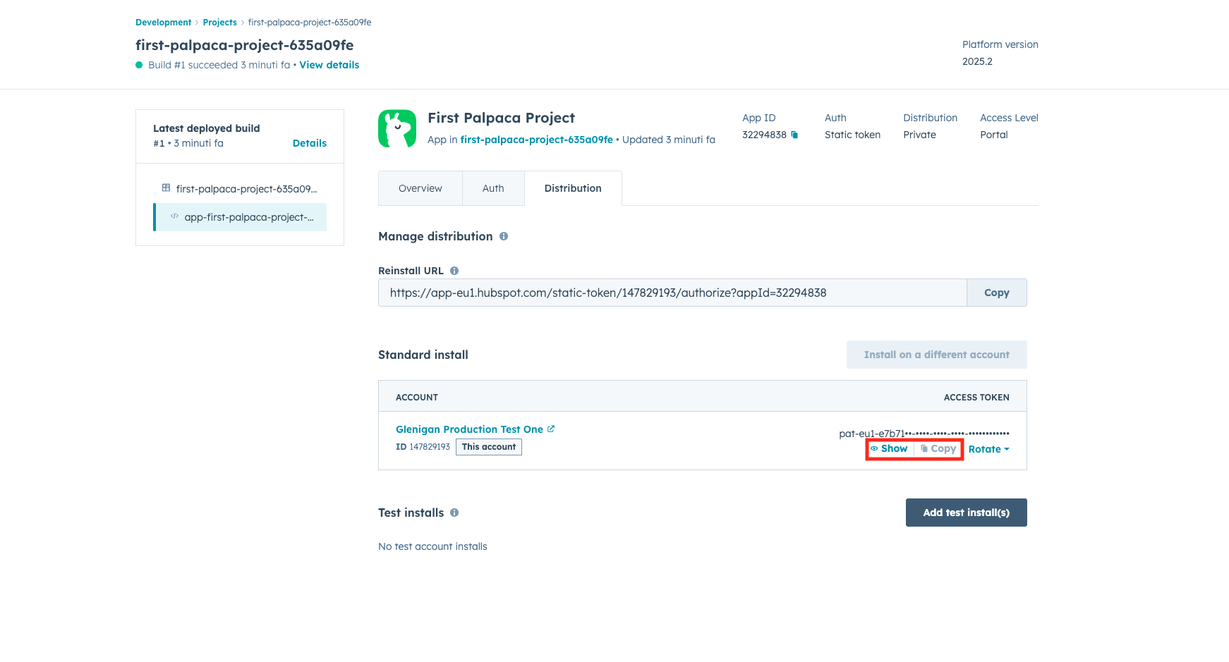 HubSpot Distribution tab — click Show then Copy on the Access Token