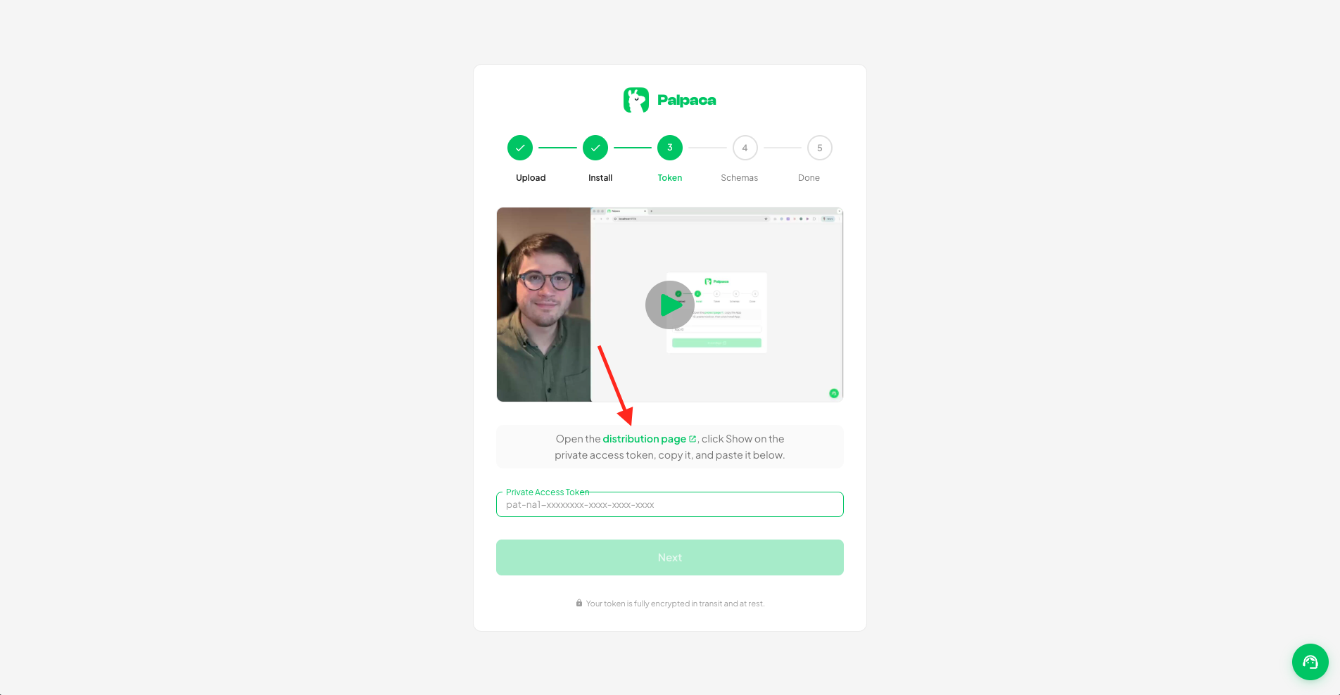 Palpaca Token step — open the distribution page and paste the Private Access Token