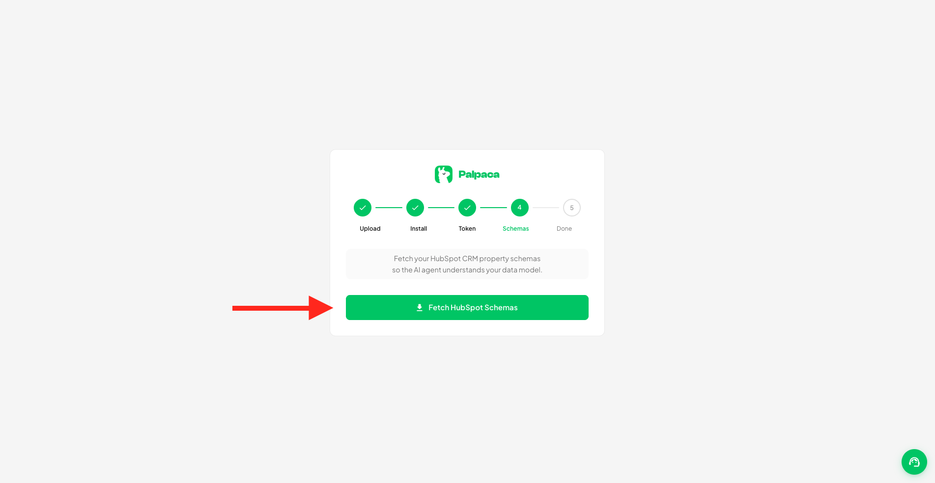 Palpaca Schemas step — click Fetch HubSpot Schemas